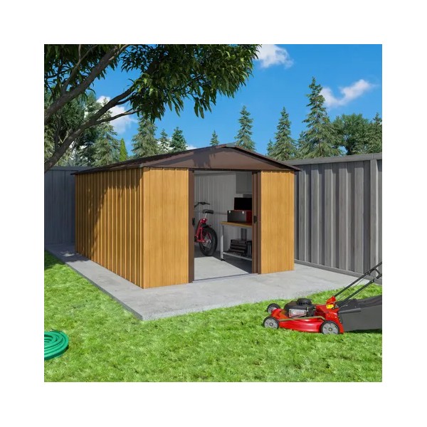 Abris de jardin metal 11.03 m2 avec kit d'ancrage - aspect bois - maron