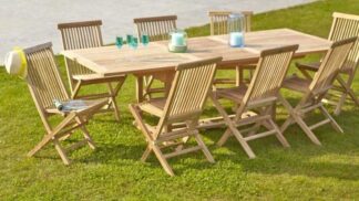 Ensemble salon à manger de jardin en teck brut avec 8 chaises
