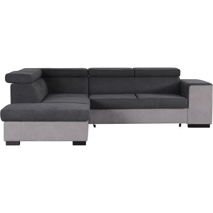 Canape d'angle gauche convertible ARMSTRONG + coffre 5 places - Tissu gris clair et gris foncé